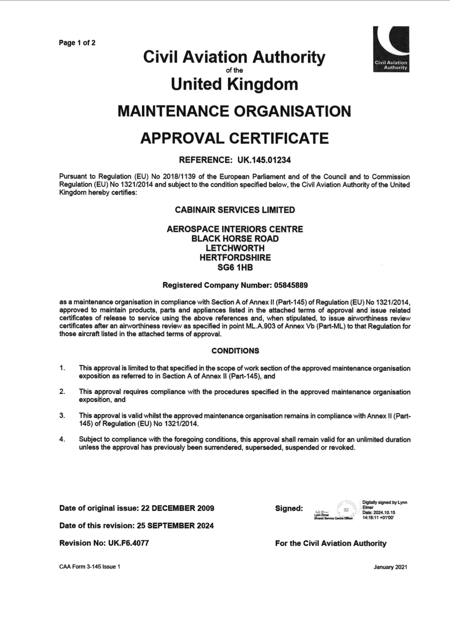 CAA - UK.145.01234 Maintenance Approval Certificate