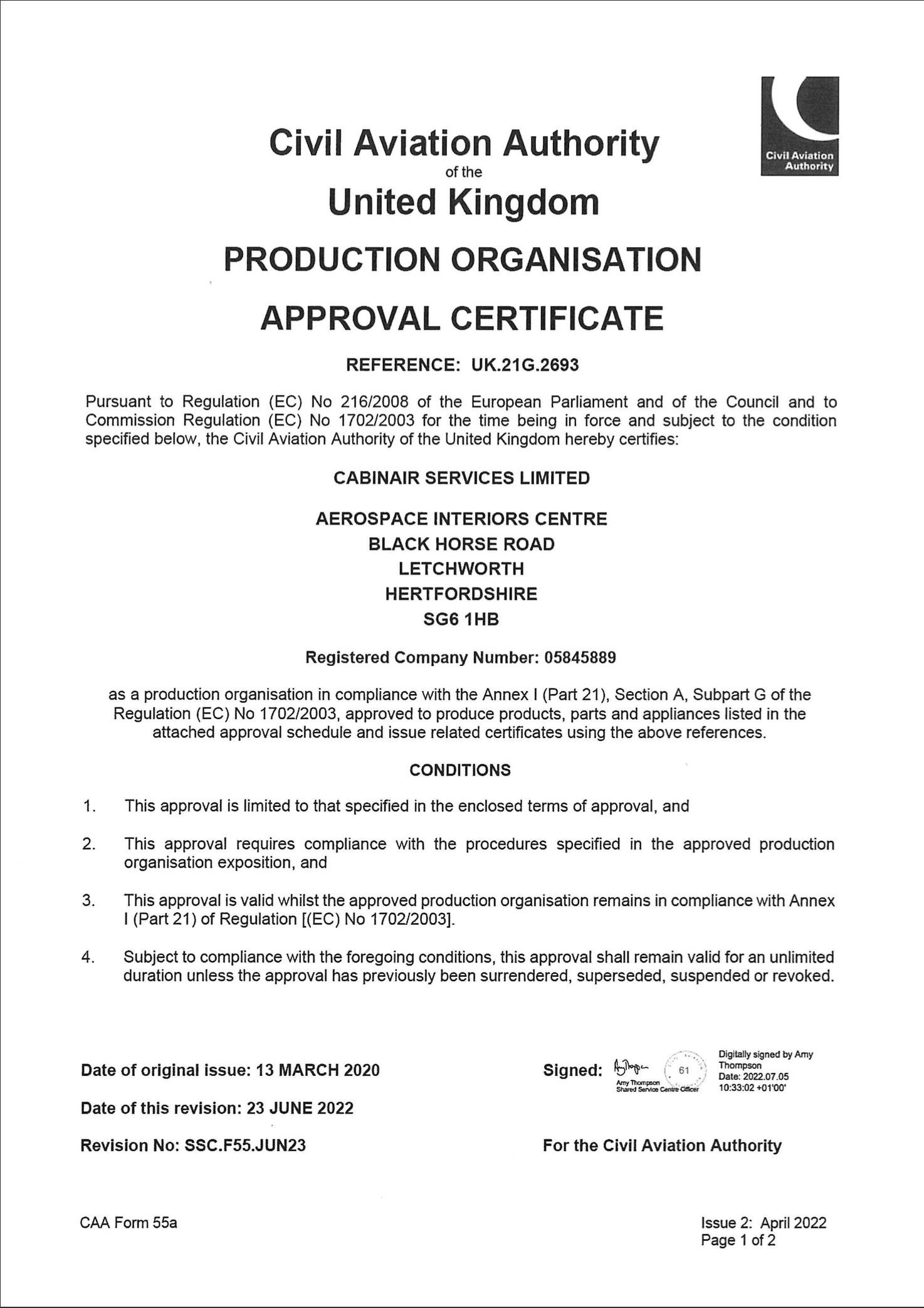 CAA - UK.21G.2693 Production Approval Certificate